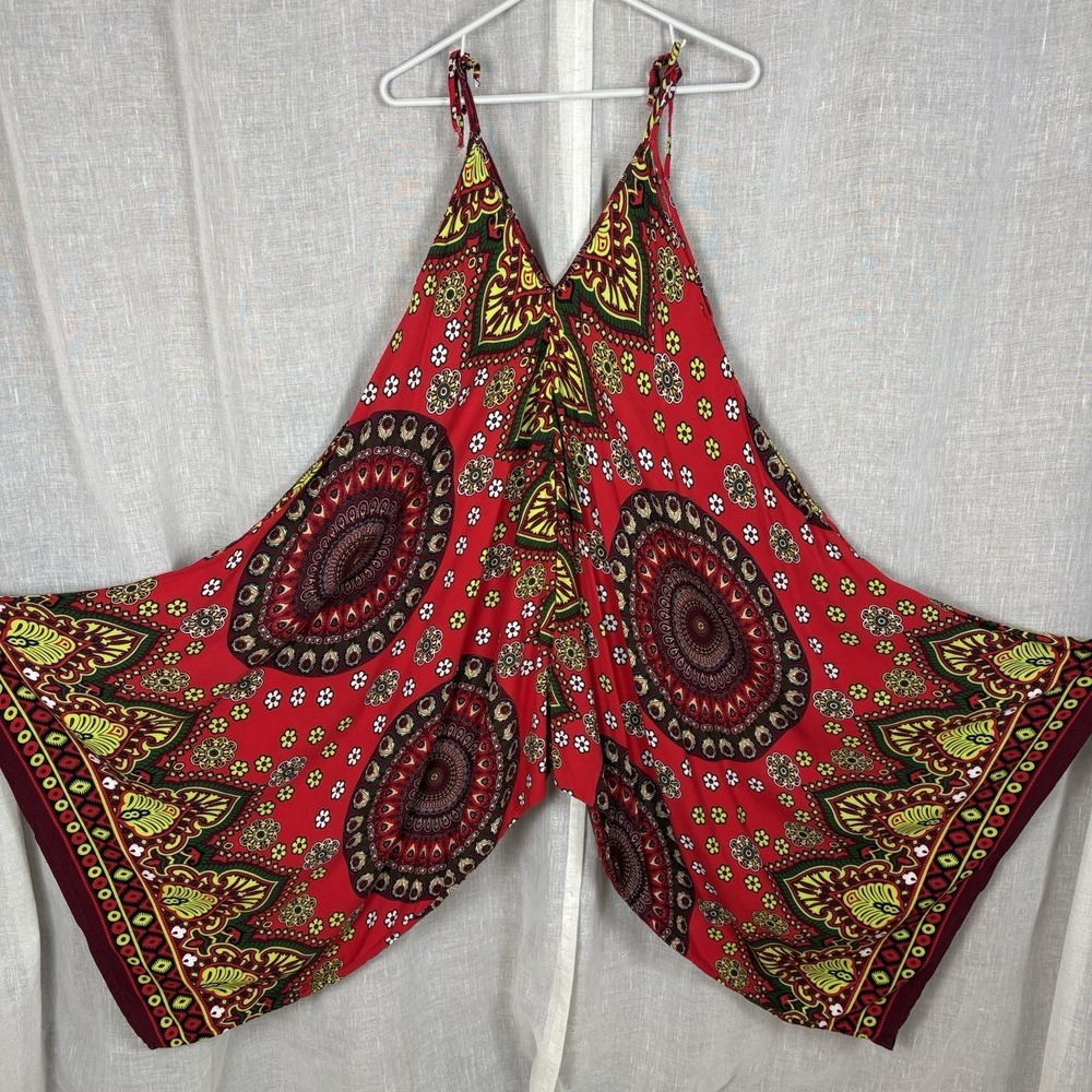 Vintage Bohemian Folk Print Harem Jumper Pants‎ Overalls Red Boho Festival Small